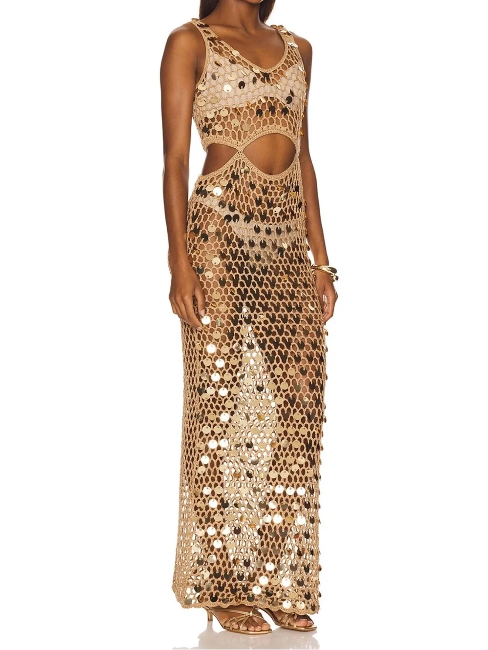 Superdown Gold Crochet Sequin Cutout Maxi Swim Coverup